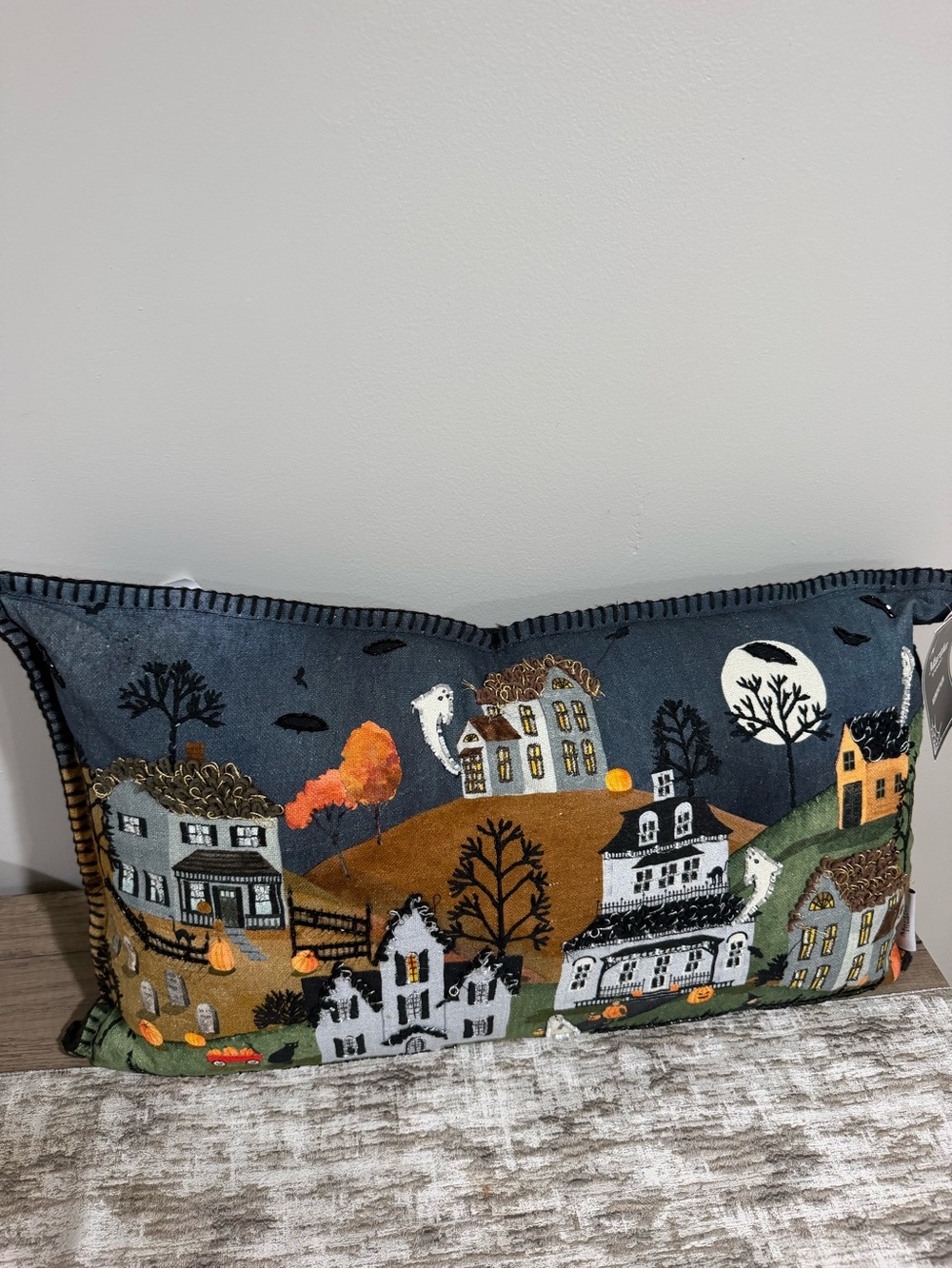 Martha Stewart Multicolor Embroidered Halloween Village Pilliow